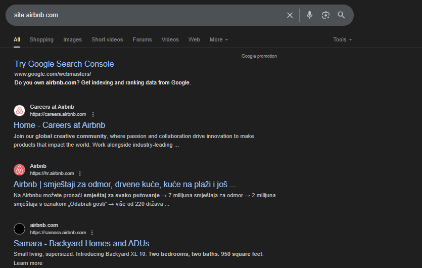 google search operators , examples ,of site:airbnb.com
